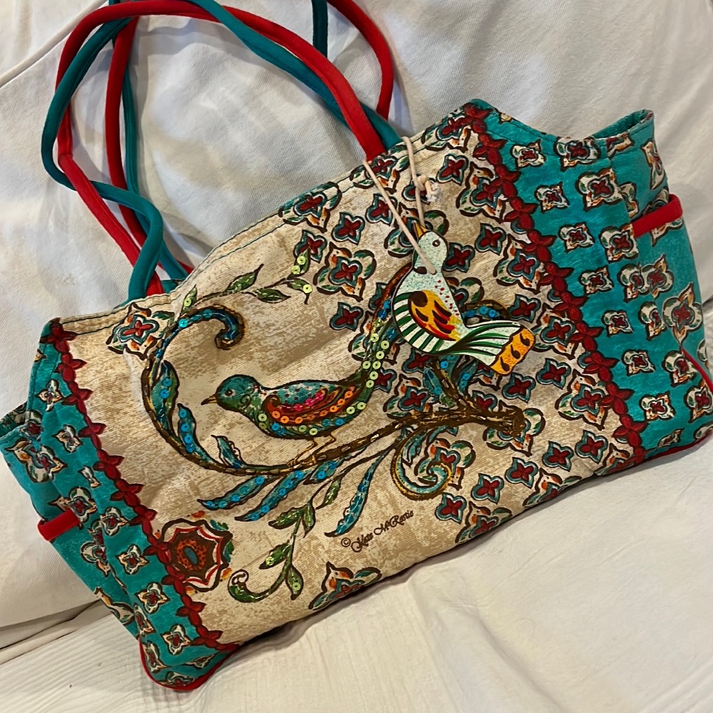 Kate McRostie gorgeous bird bag with wooden tag sequins bright sun n sand nwot
